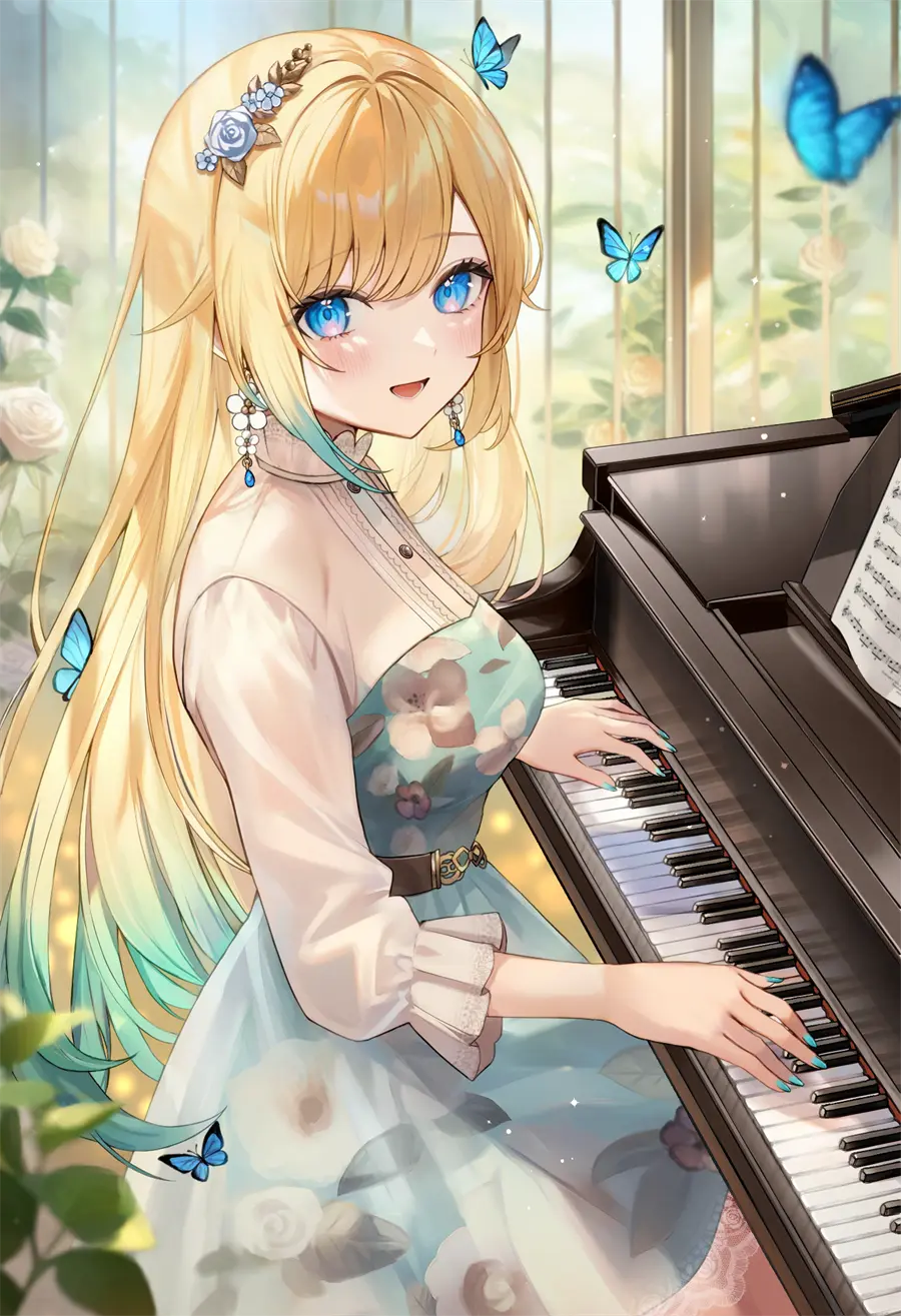 插画美图 蝴蝶 钢琴 裙子 可爱少女 手机壁纸