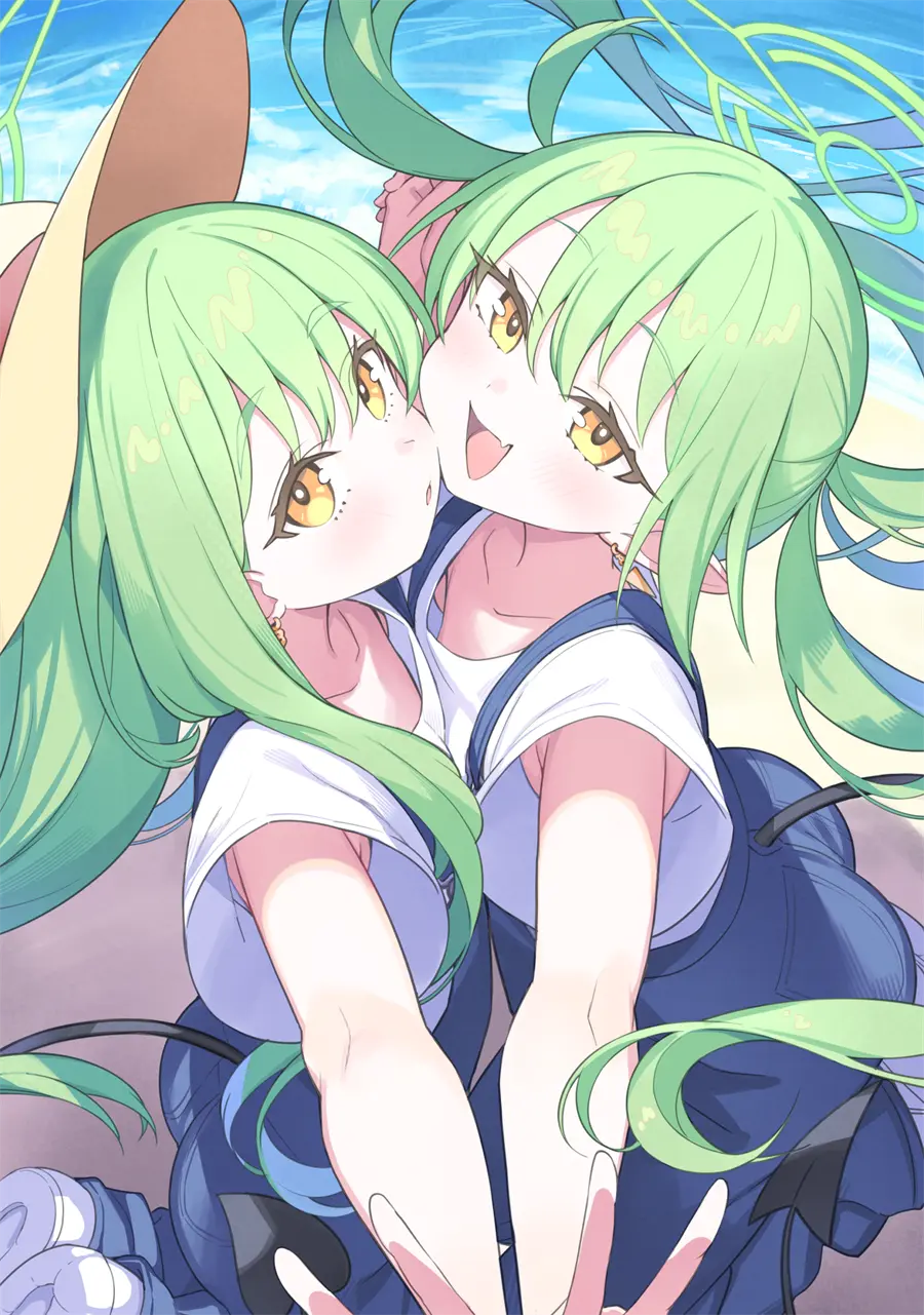 游戏壁纸 蔚蓝档案 橘光和橘望 海边 草帽 手机壁纸