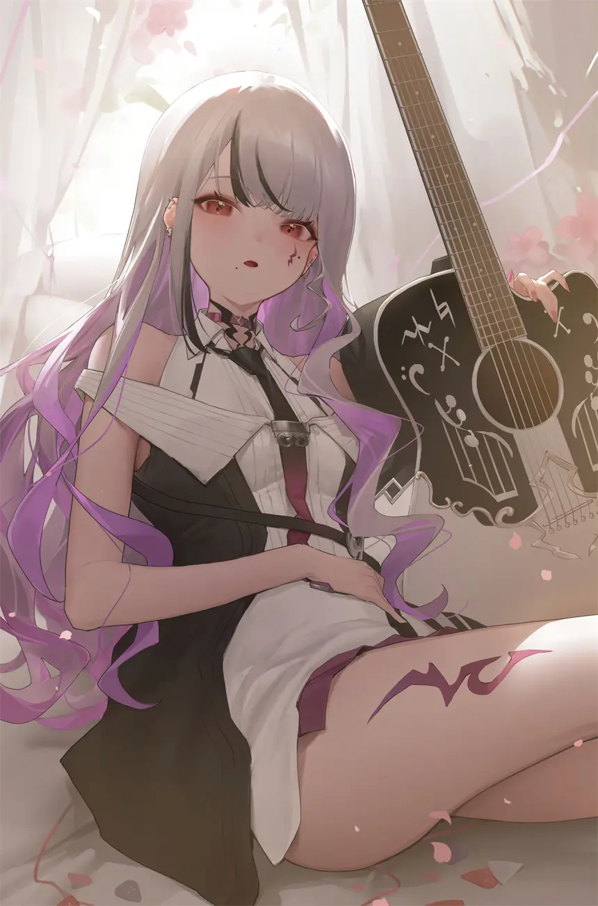 吉他 美少女 赤瞳 插画美图 手机壁纸