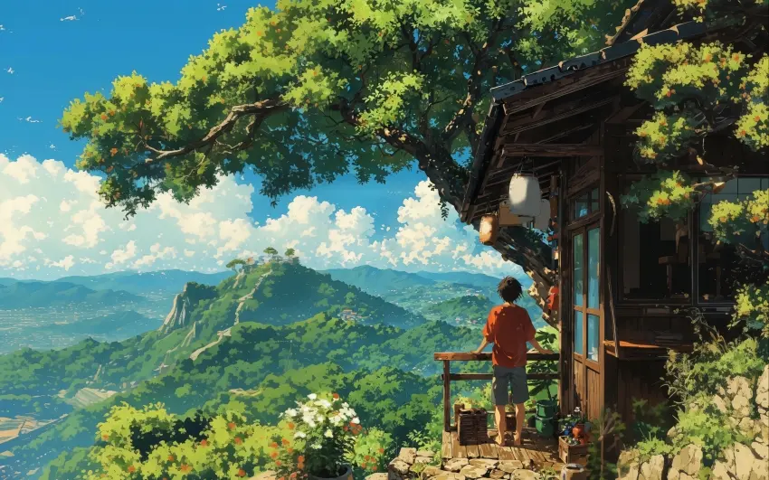 山居夏望 小房子 男孩看着远方 风景 4K壁纸 电脑壁纸 3840x2400