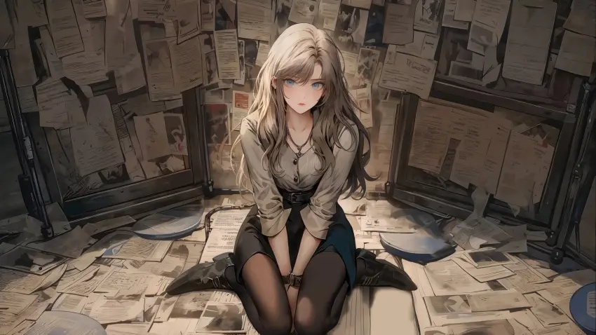 美女 坐地板 报纸墙背景 4K壁纸 电脑壁纸 3840x2160