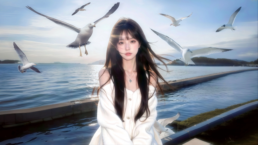 天空 海鸥 湖面 白衣美女长发 4K壁纸 带鱼屏壁纸 电脑壁纸 美女壁纸 3840x2160