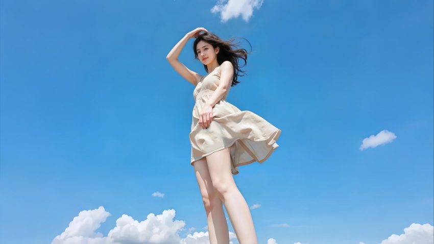 晴天 蓝天白云 连衣裙 阳光美女 4K壁纸 电脑壁纸 美女壁纸 3840x2160
