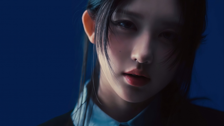 侧光人像 侧脸美女 暗光 深蓝色背景 4k壁纸 美女壁纸 电脑壁纸 3840x2160