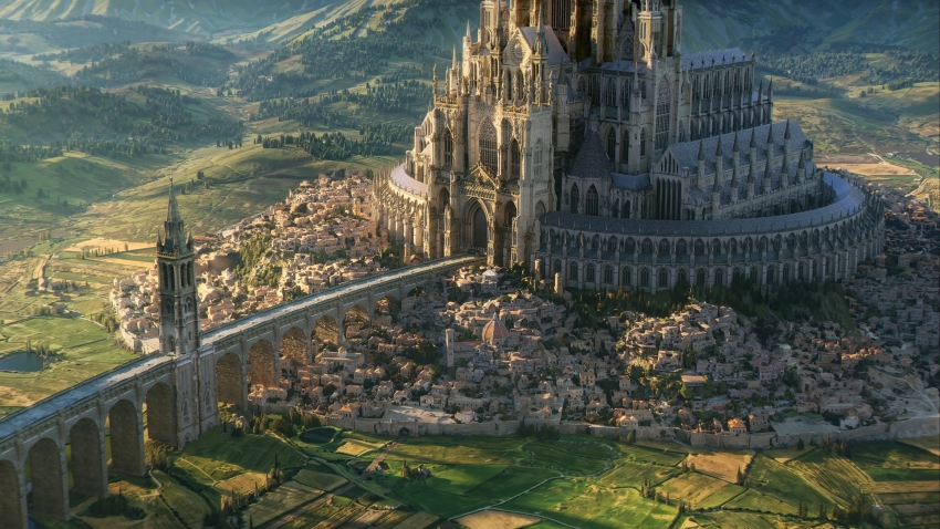 城堡 桥梁 树木 大教堂 房屋 俯视图 4K 风景壁纸 电脑壁纸