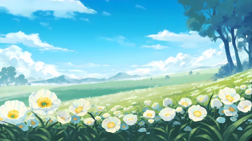 蓝天白云 花海 树 野外 4k壁纸 风景壁纸 3840x2160 电脑壁纸