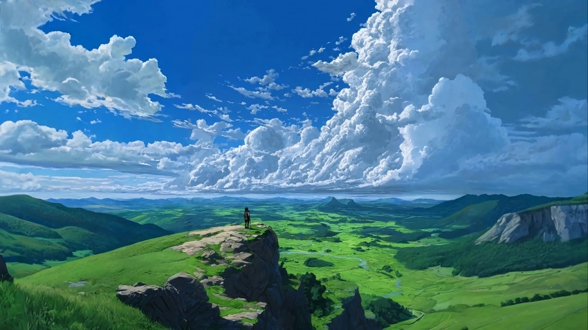 山脉 远景 悬崖旷野 绿色田野 蓝天云海 绘画 4K风景壁纸 3840x2160