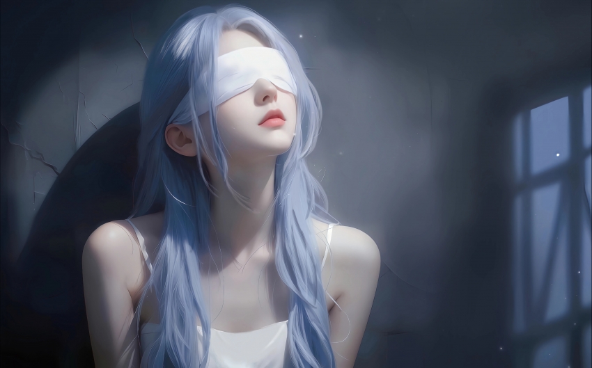 美女白衣服 眼罩 蒙眼 蓝发美女 4K壁纸 电脑壁纸