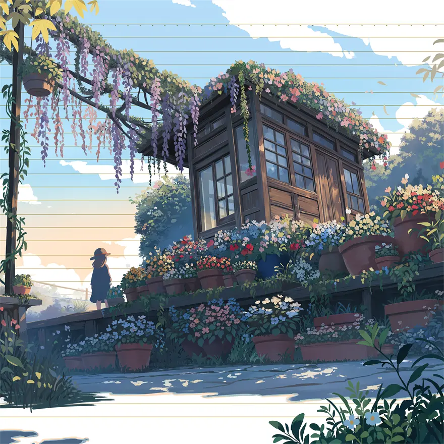 插画 风景 天空 女孩 木屋 小花 清新 电脑壁纸 手机壁纸