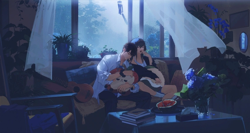 动漫男孩 女孩 雨天 温馨小家 动漫壁纸 4k壁纸 电脑壁纸