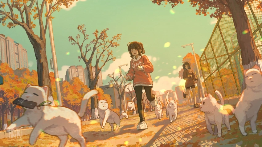 动漫女孩 猫咪 秋天 叼走手机 可爱白猫 风景壁纸 5k壁纸 电脑壁纸