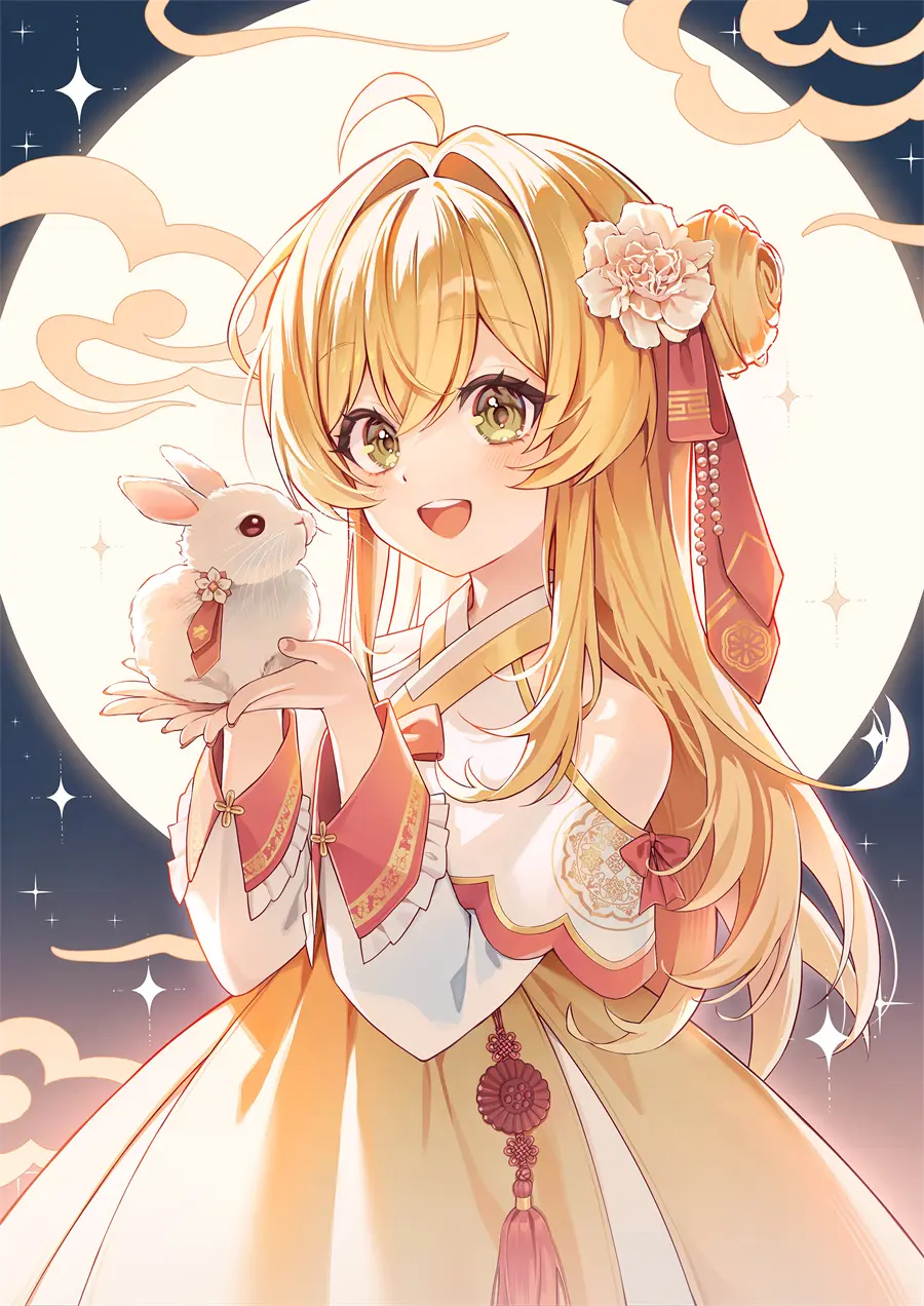 美少女 韩服 月亮 小兔子 可爱少女 手机壁纸 动漫壁纸