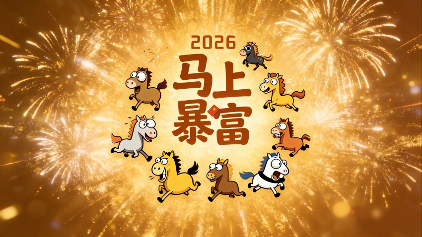 2026马上暴富 可爱马儿 烟花喜庆橙色背景 4K壁纸 电脑壁纸