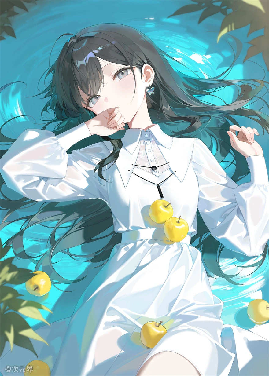 黑发 白色连衣裙 苹果 睡眠 美少女 动漫壁纸 手机壁纸 4K壁纸