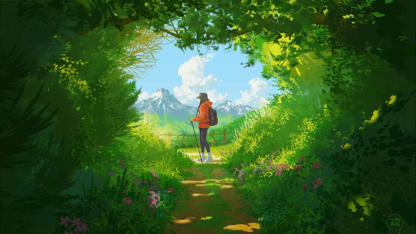 女性 户外 插图绘画 风景 阳光 云朵 山脉 绿色树叶植物 小径 4K高清壁纸