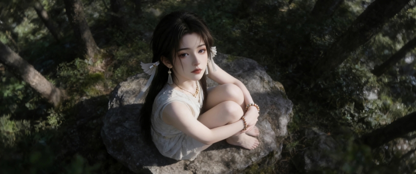 森林 坐在石头上的美女宋玉3440x1440 带鱼屏壁纸