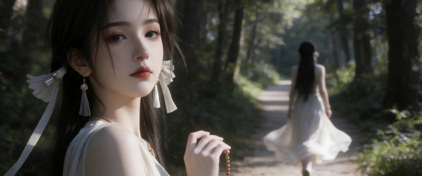 森林 白裙 美女 宋玉 3440x1440 带鱼屏壁纸