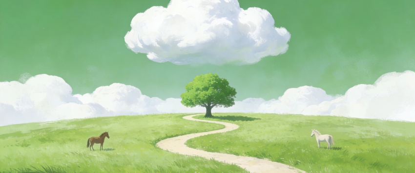绿色天空 云朵 草地 马儿 弯曲小路 小树 小清新风景 3440x1440 带鱼屏壁纸