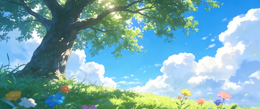 蓝天白云 大树 绿草地 鲜花 3440x1440 带鱼屏风景壁纸