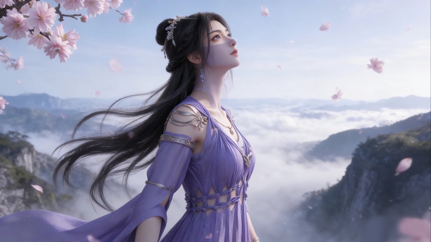 长发紫色裙子 凡人修仙传 美女紫灵 樱花 4K壁纸