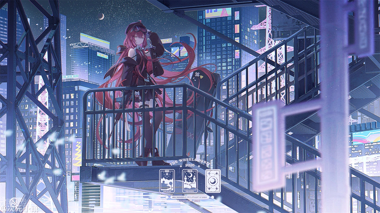 夜景 红发美少女 电脑壁纸 楼梯 建筑 2K壁纸